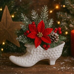 Vtg Fenton Milk Glass Cat Head Shoe Hobnail Victorian Slipper Shabby Chic Decor